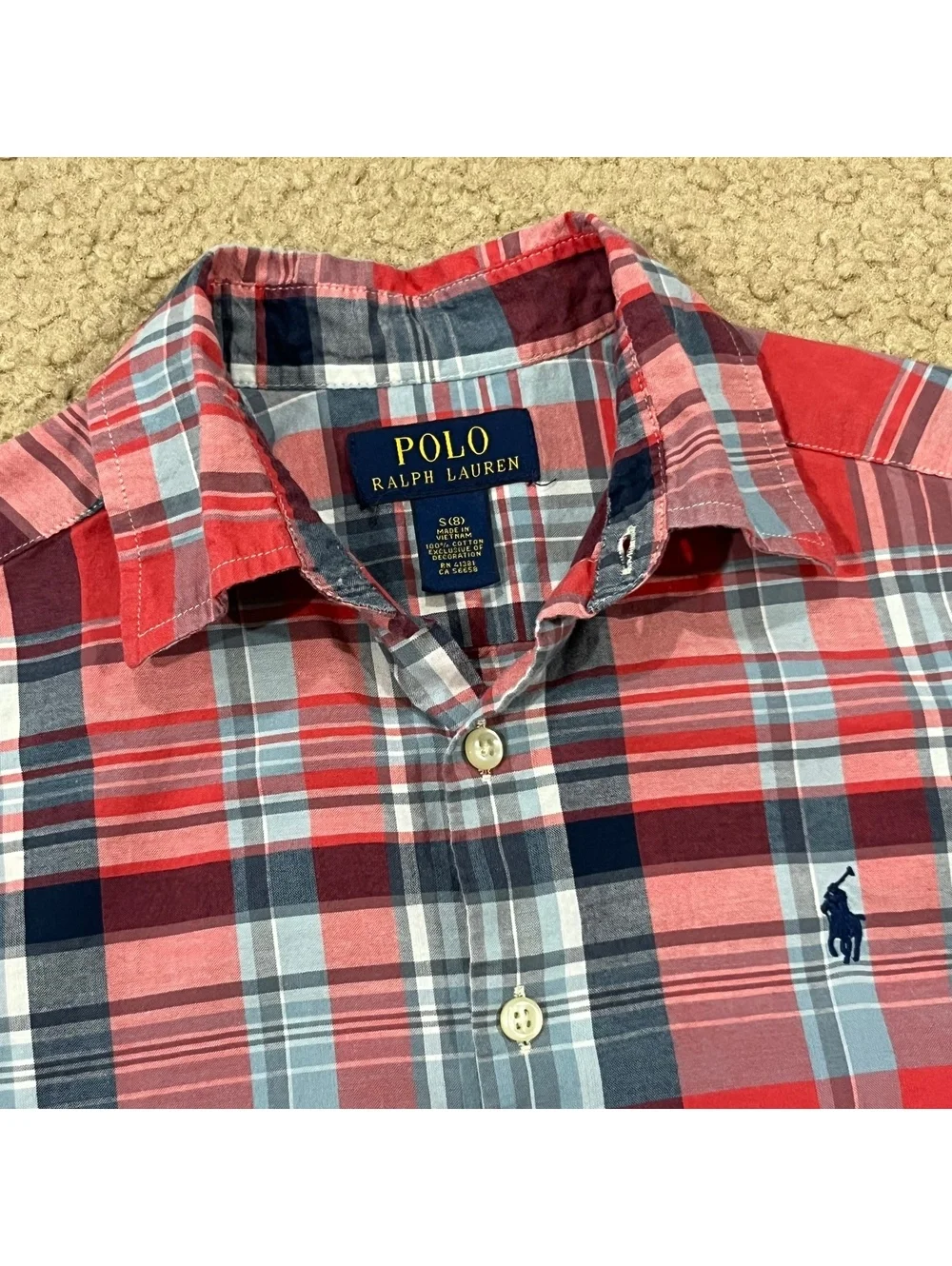 Polo Ralph Lauren Boys Shirt Size Small 8 S Plaid Red Blue Short Sleeve Button